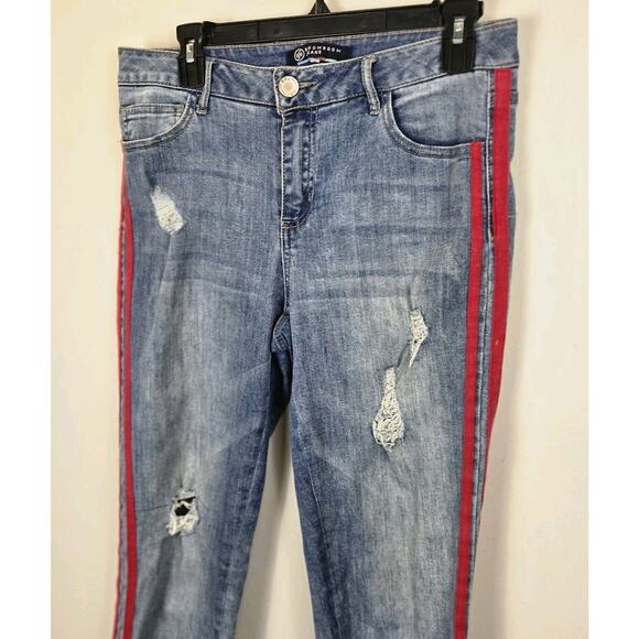 Boomboom Jeans Juniors Size 9 Distressed Raw Hem Denim Skinny Fit Red Stripes - Picture 2 of 8